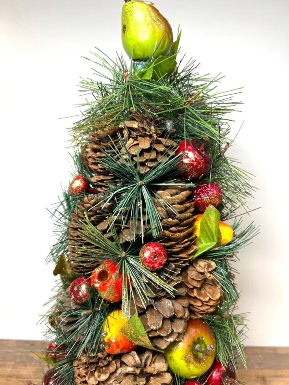 Holiday Centerpiece Pinecone Tree With Faux Fruit & Greenery Accents Glitter 17